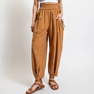 GiGio Boho Voluminous Relaxed Fit Pull On Elastic Pants Mustard Tan Medium NWOT‎
